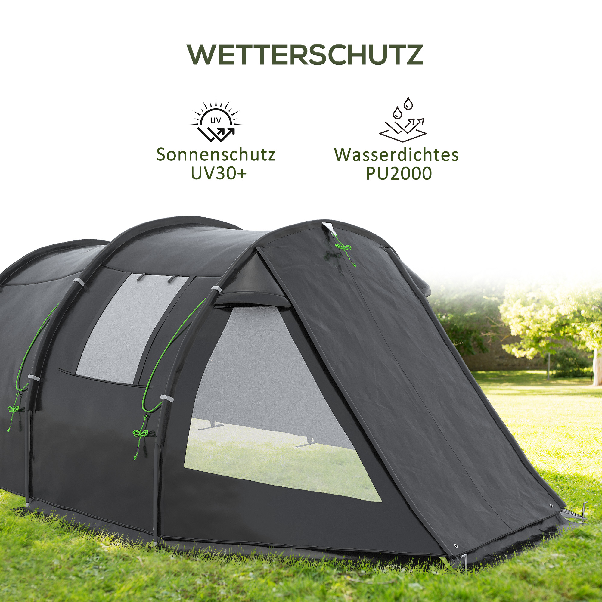 Kampeertent Trekkingtent Tent, weerbestendig, 2 kamers,  475 x 264  cm breedte x 172, Zwart