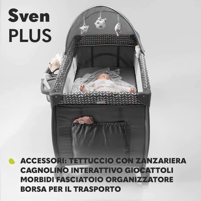 lionelo Sven 2in1 Box bambini dalla nascita fino 15kg Lettino pieghevole con Fasciatoio baldacchino Giocattoli Pendenti Ingresso laterale aggiuntivo Sistema LockGuard : Prima infanzia