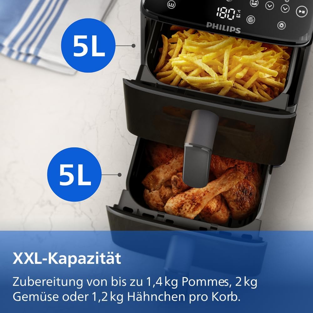 Airfryer 4000 Series Stacked Dual Basket, Gestapelte Heißluftfritteuse mit 2 Körben, 10L, RapidAir Technologie, 45% weniger Platzbedarf, PFAS-freie Keramikbeschichtung, Sichtfenster (NA460/00)