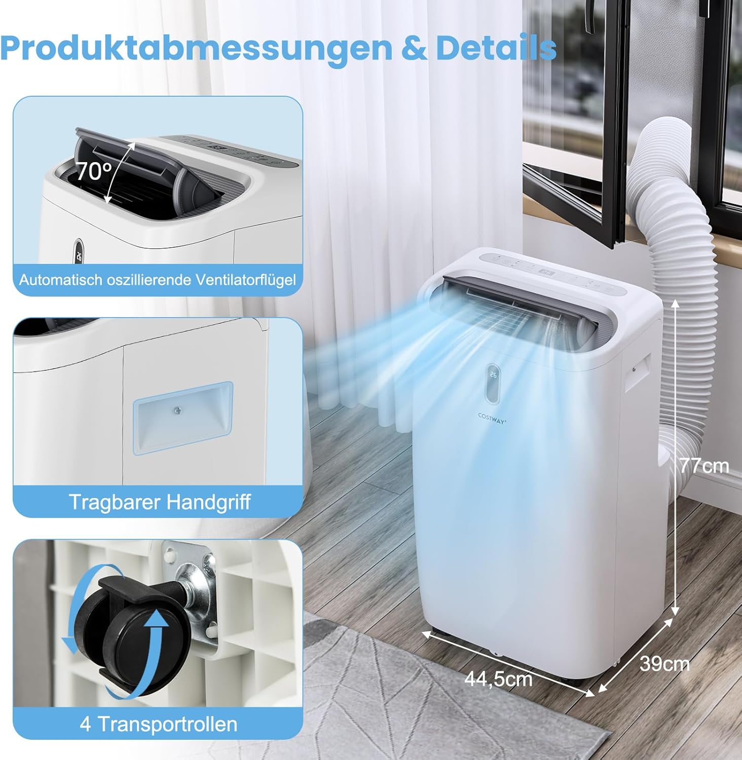 COSTWAY Klimaanlage mobil 14000BTU, Klimagerät mit Abluftschlauch, 5 in 1 Kühlen & Heizen & Entfeuchten & Belüften & Schlafmodus für Räume bis zu 135 m³, Fernbedienung/App, 24H Timer, 4100W, ≤57dB