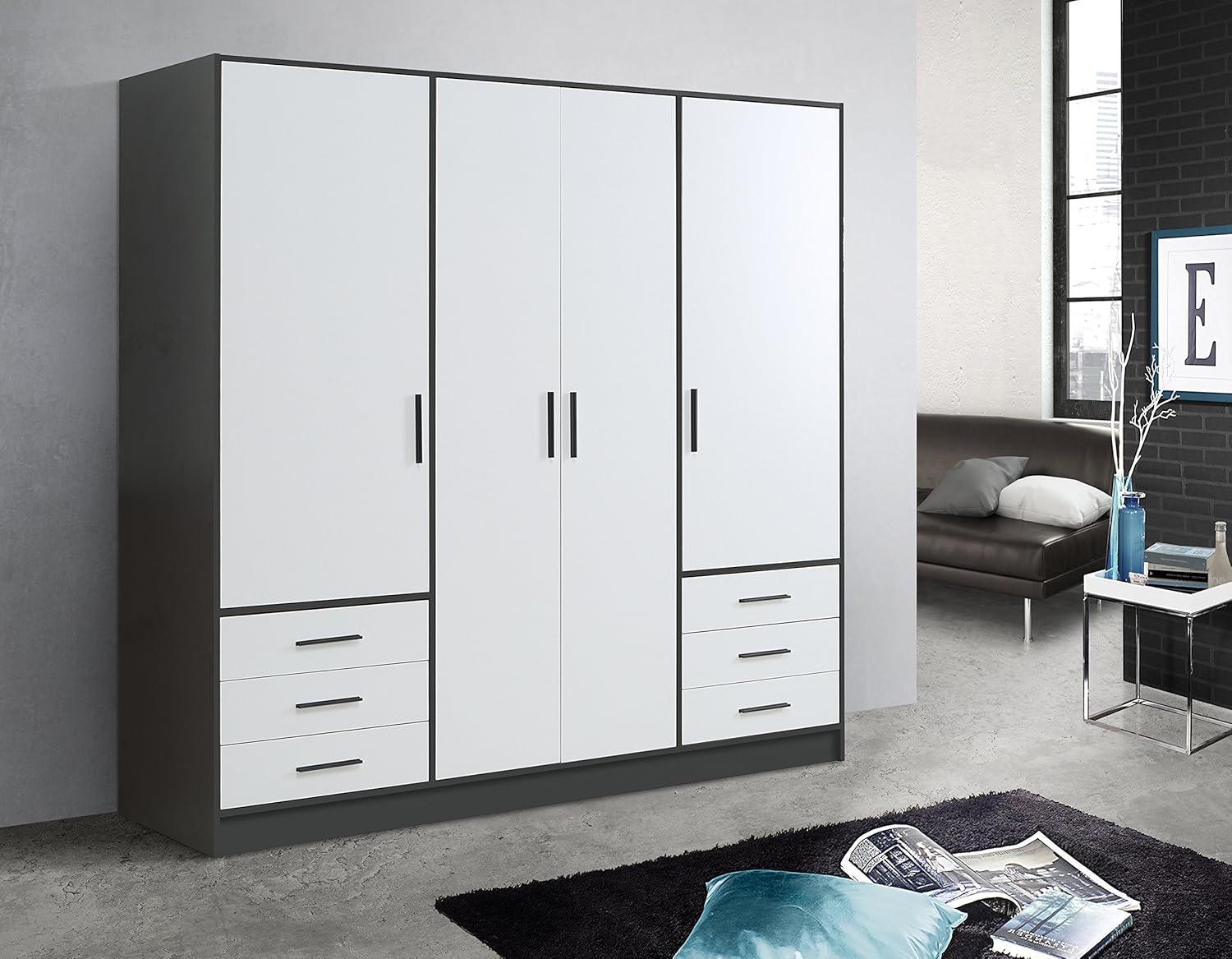 FORTE Jupiter Schrank 200 210, Kleiderschrank, Drehtürenschrank, 4-türig, mit 6 Schubladen und Einlegeböden, Schwarz Weiß, 206.5 cm breit x 60 cm tief x 200 cm hoch