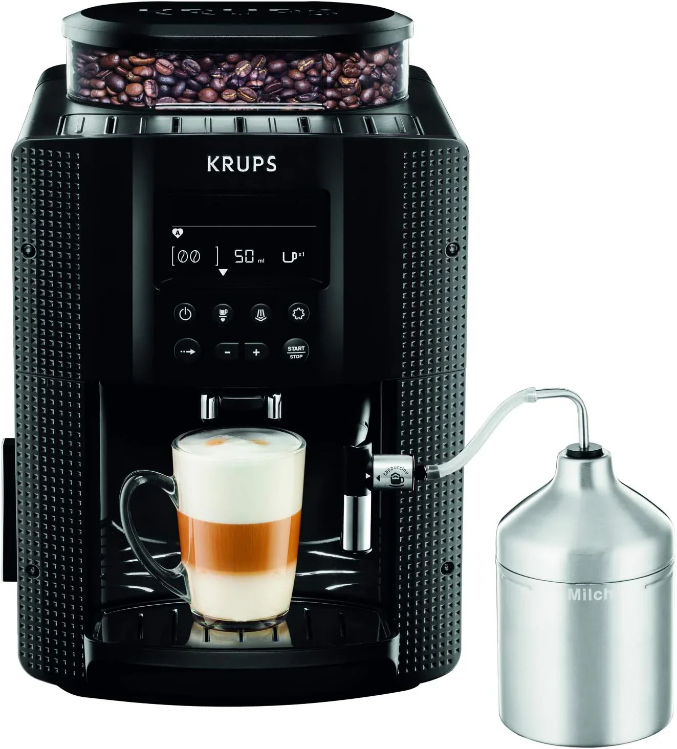 Krups Essential Kaffeevollautomat mit Milchschlauch, 2-Tassen-Funktion, LCD-Display, Einfache Reinigung, Kaffeemaschine, T��V-Siegel, Schwarz, EA816031