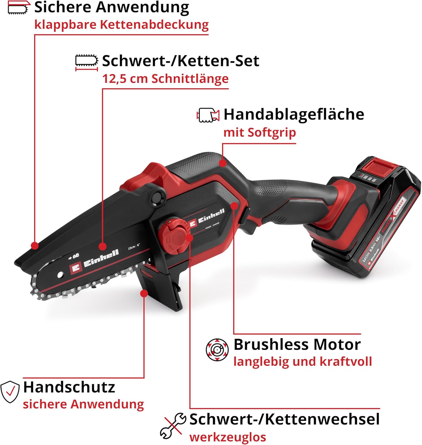 Einhell Akku-Astkettensäge GE-PS 18/15 Li Bag Kit Power X-Change (18 V, Brushless, 12,5 cm Schnittlänge, inkl. 2,5 Ah Akku, Ladegerät, Ersatzkette, Einhell Bag 45/29)