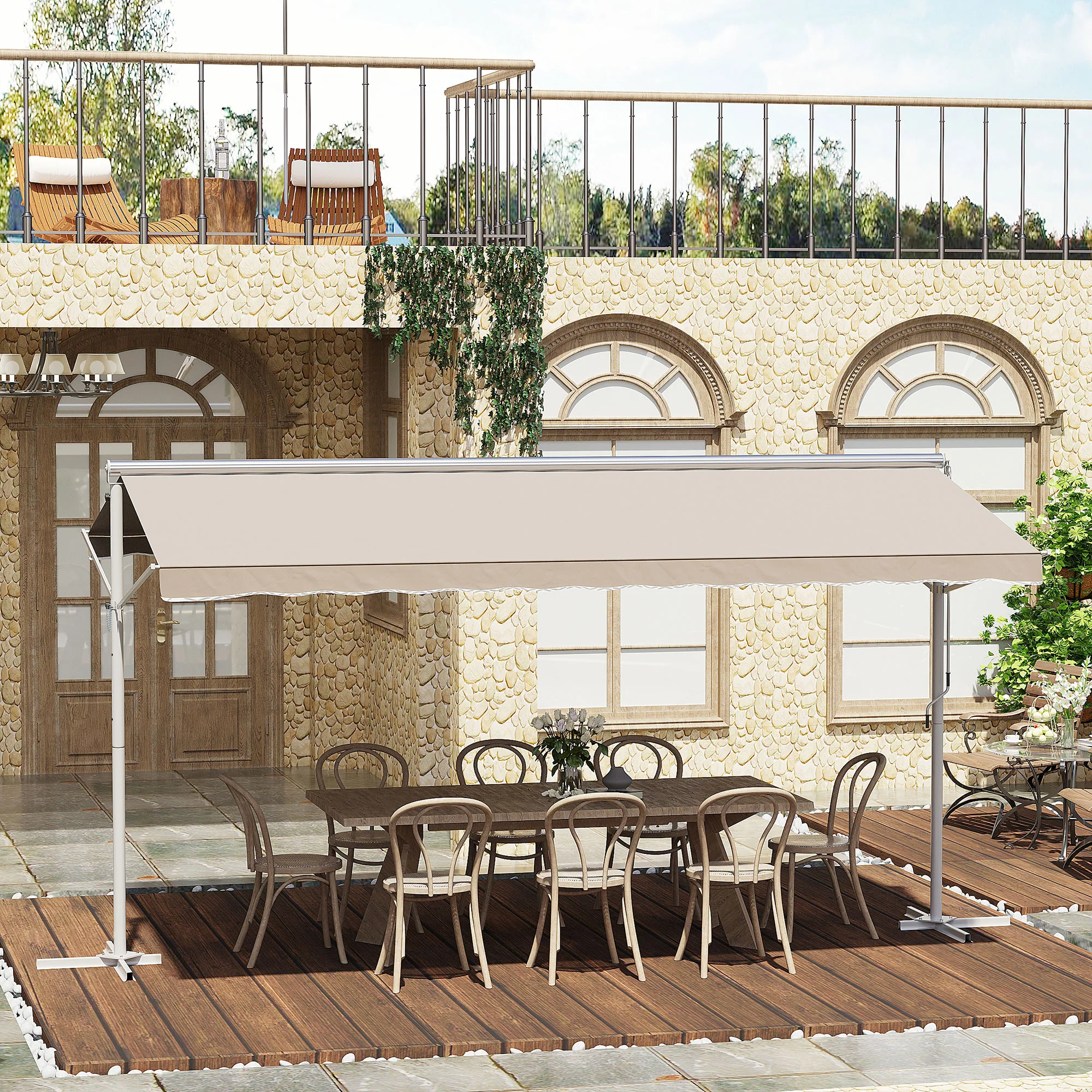 Outsunny Staande luifel met knikarm tuinluifel luifel zwengel crème 4,5 x 3,42 m