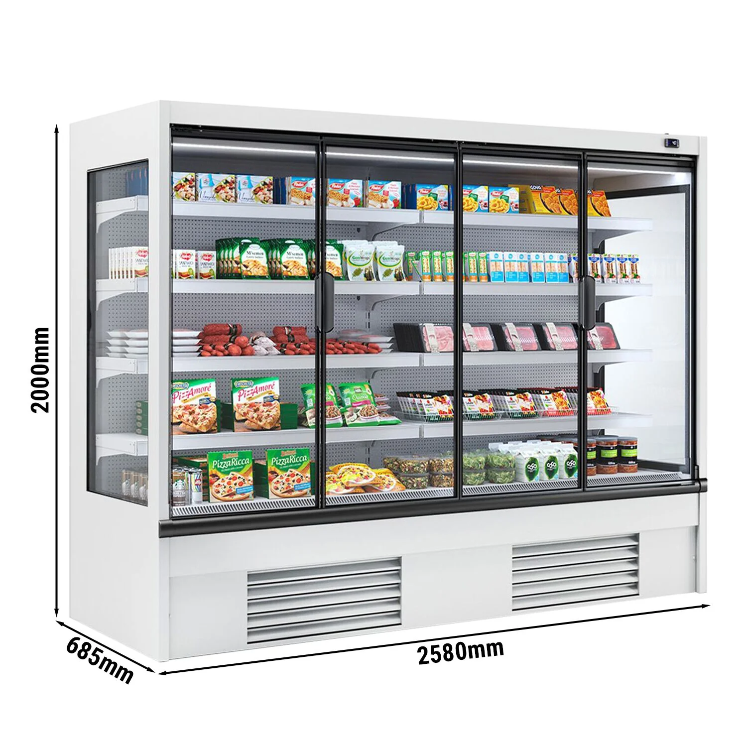 Kjølereol - 2 580 mm - 910 l - +2 °C til +4 °C - med 4 hengslede glassdører, med dobbelt isolerglass & 4 hyller - hvit