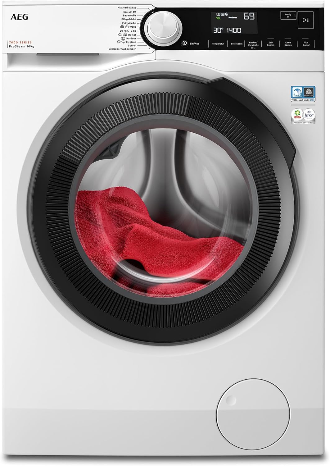 AEG Waschmaschine, Serie 7000 ProSteam: Auffrischfunktion mit Dampf statt Waschen, 9 kg, Leise, Mengenautomatik, A-20%, Nachlegefunktion, Wasserstopp, 1400 U/min, LR7GA70490