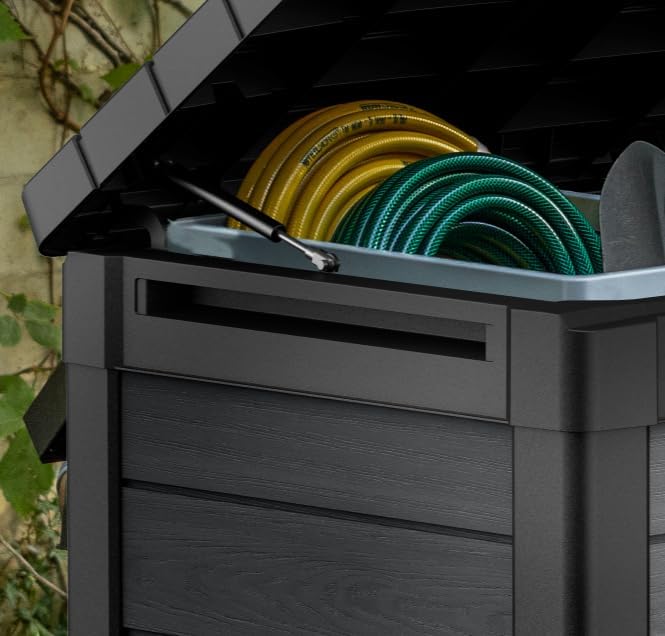 Keter Gartenbox Cortina 100 g, Oberfläche in Holzoptik, Farbe Grau, Fassungsvermögen 380 l, 122,9 x 62,1 x 70,6 cm