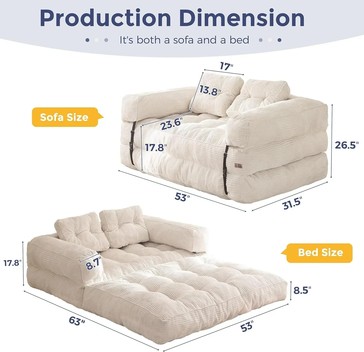 Folding Sofa Bed L-Shaped Convertible Sofa Bed with Armrests and Pillows