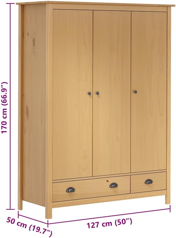 Kiefernholz Massiv Kleiderschrank mit 3 Türen 2 Schubladen Garderobenschrank Holzschrank Schrank Schlafzimmerschrank 127x50x170cm,Braun