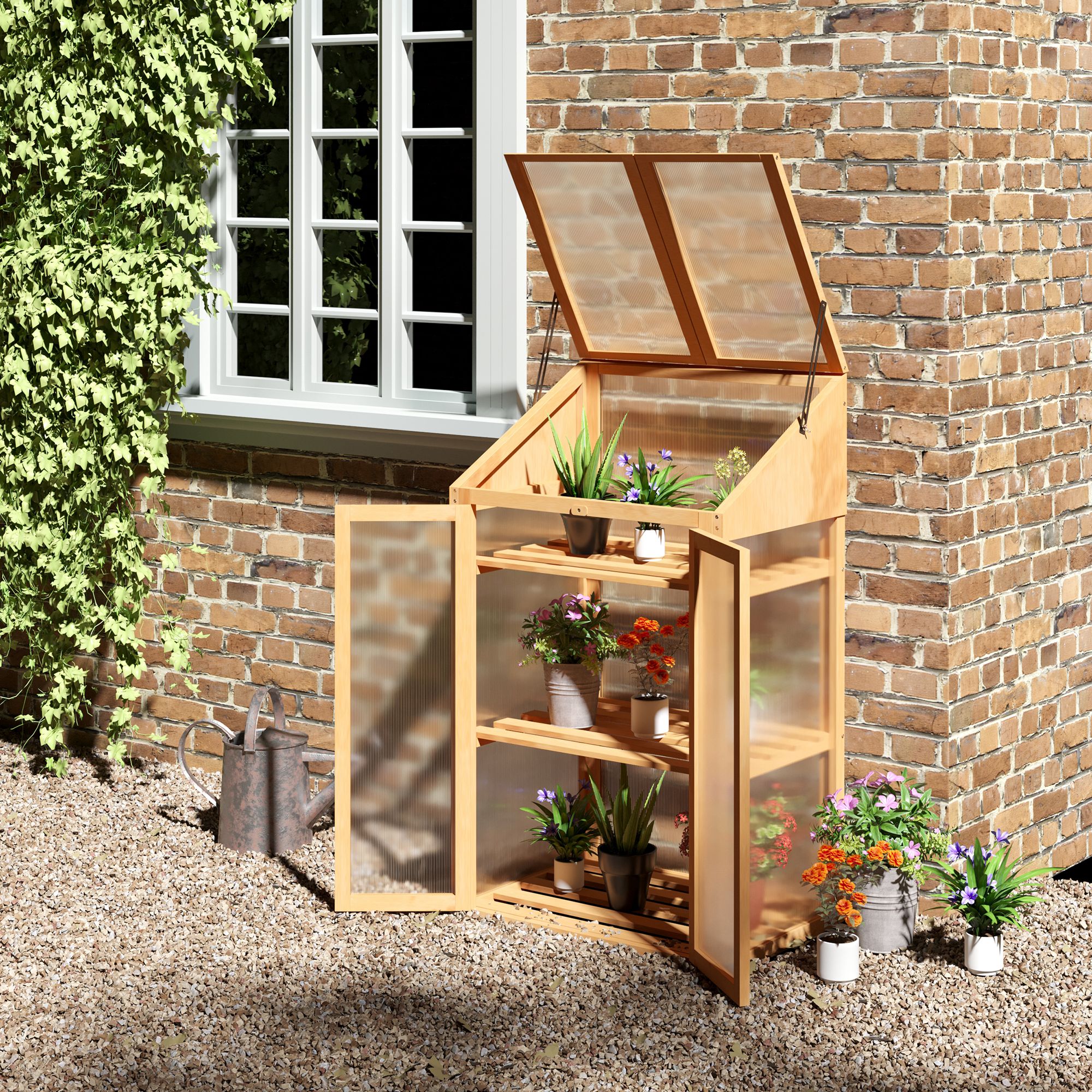 Mini-kas, Klein Kas met Houten Frame, Vensters en Dubbele Deur, 3 Planken, 70L x 50B x 120H cm, Bruin