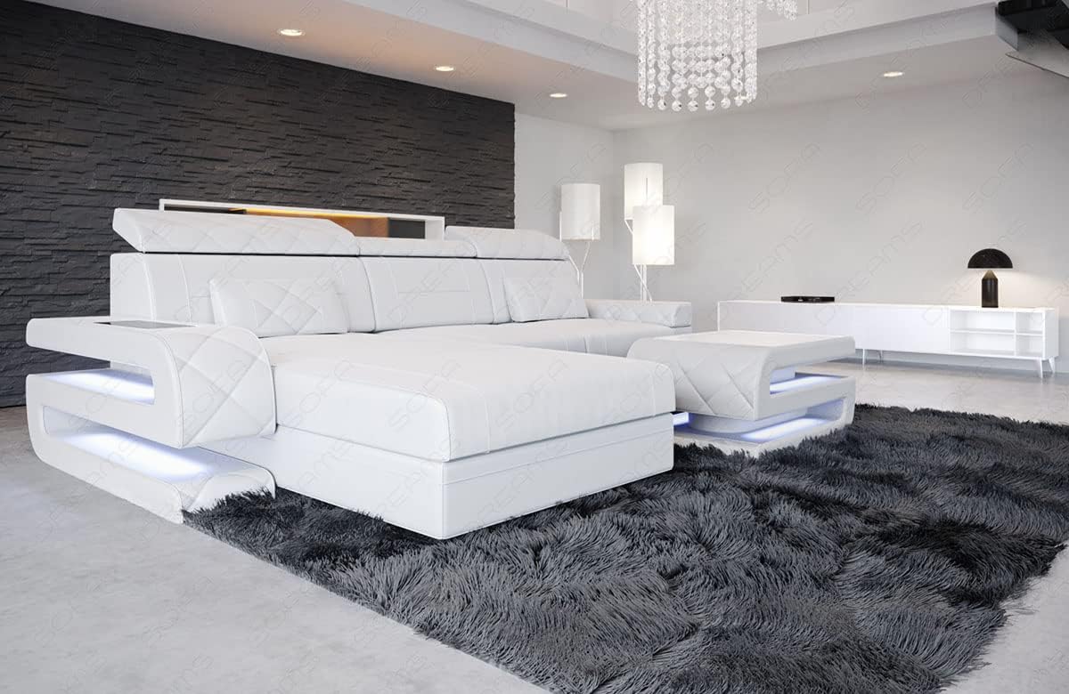 Sofa Bologna als Ecksofa in der L-Form Ledersofa mit USB-Anschluss Stauraum Beleuchtung Kopfstützen Designersofa Couch (Ottomane Links (auf Sofa blickend), White)