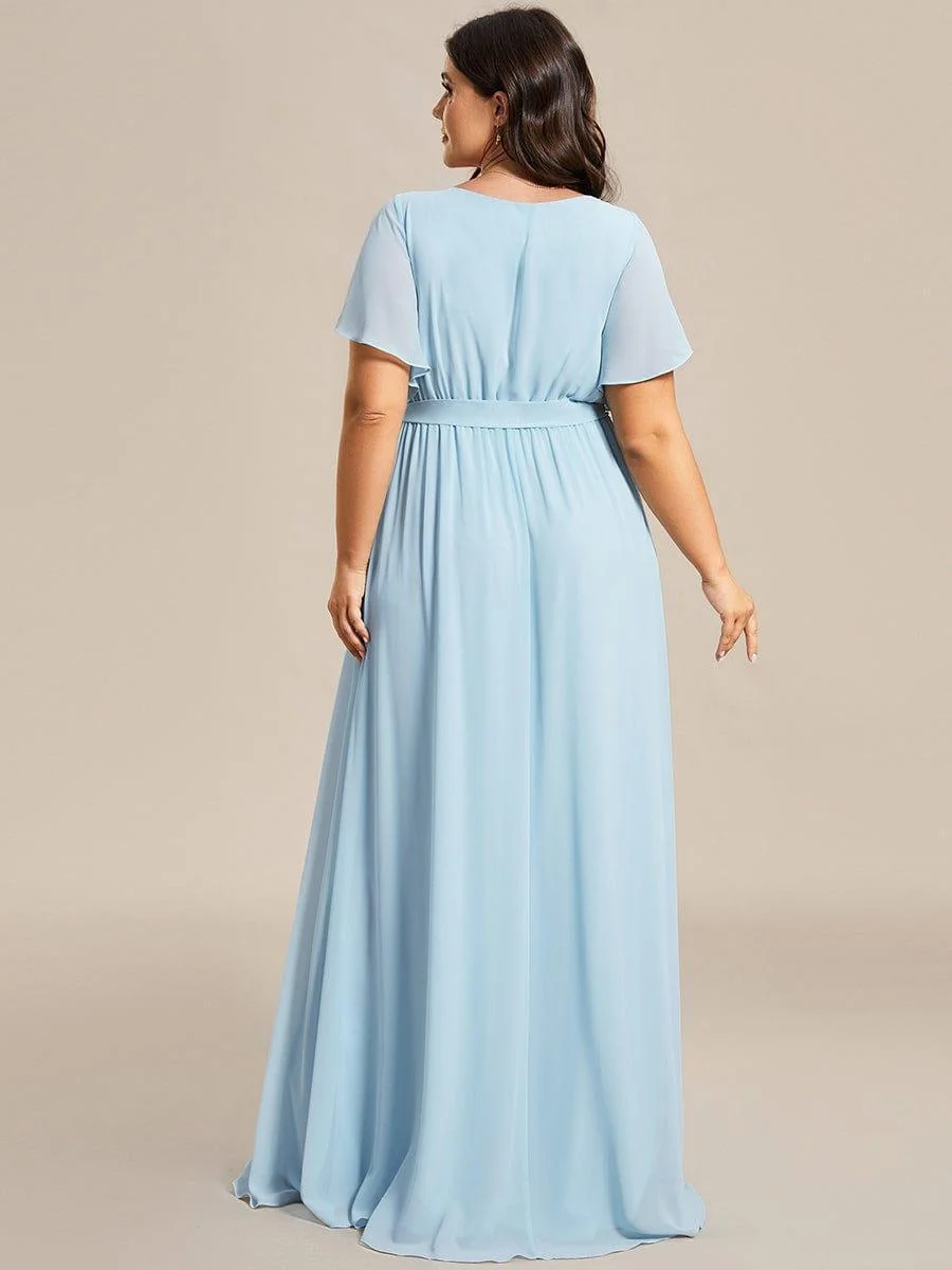 Abendkleid Damen Maxi A-Linie aus Chiffon | Festliches Kleid f��r Hochzeitsg?ste mit V-Ausschnitt und Fl��gel?rmeln
