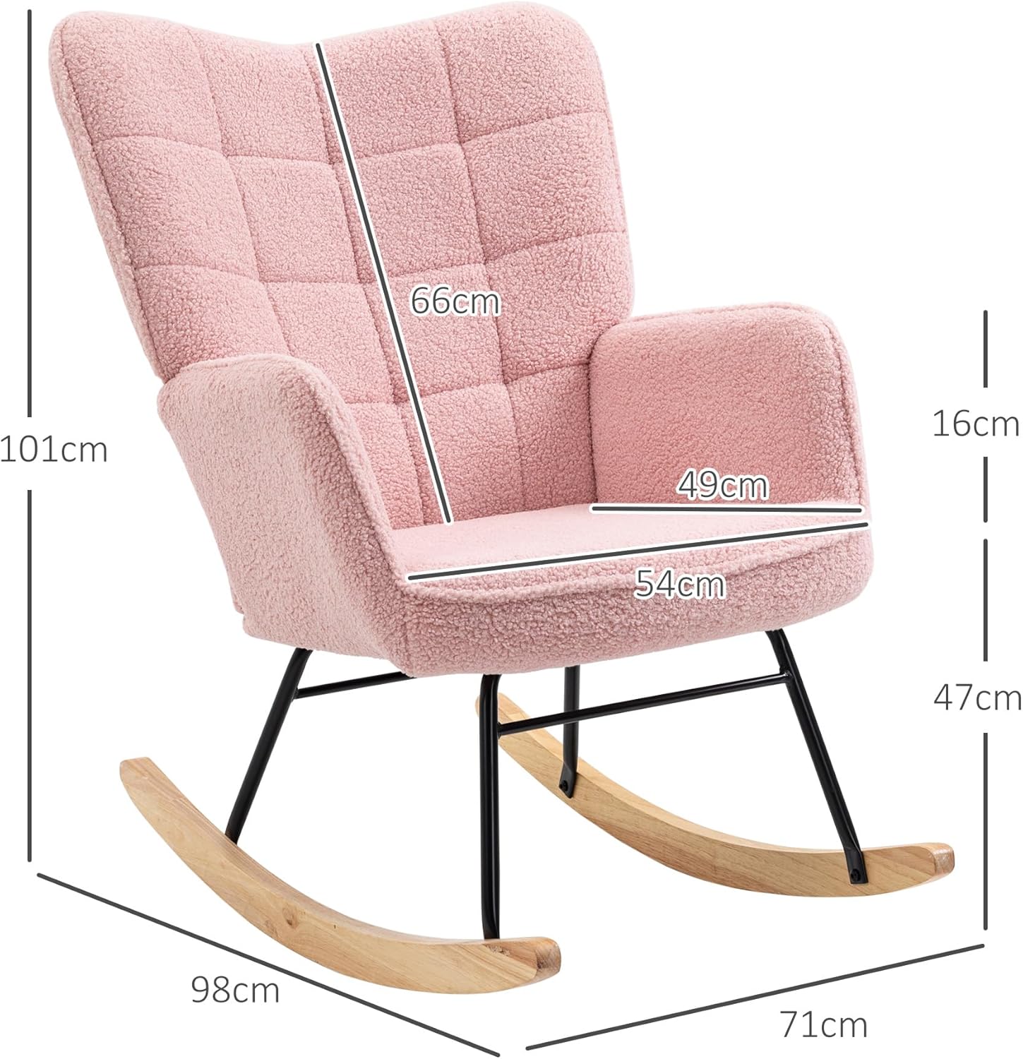 HOMCOM Schaukelstuhl, Schaukelsessel mit Berbervliesoptik, Armlehne, Gepolsterter Sessel mit Holzkufen, Relaxsessel für Wohnzimmer, Schlafzimmer, bis 120kg belastbar, Rosa
