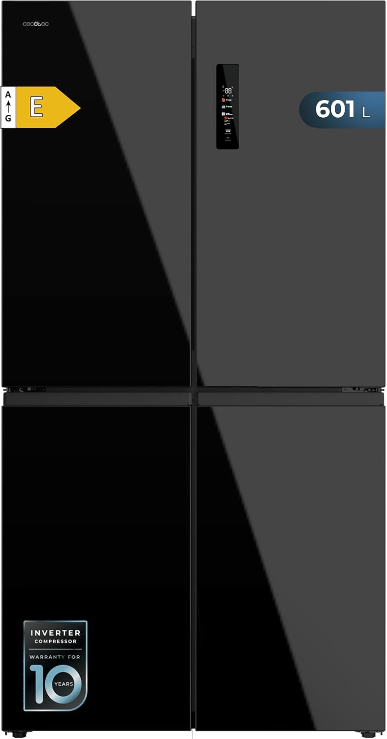 Cecotec Side-by-Side Kühl-Gefrierkombination 4 Türen Bolero CoolMarket 4D 601 Black Glass E. 601L, Inverter-Motor, 90cm, No Frost, ECO, Schnellkühlung, Display, Temperaturalarm, Elegantes Design, Glas