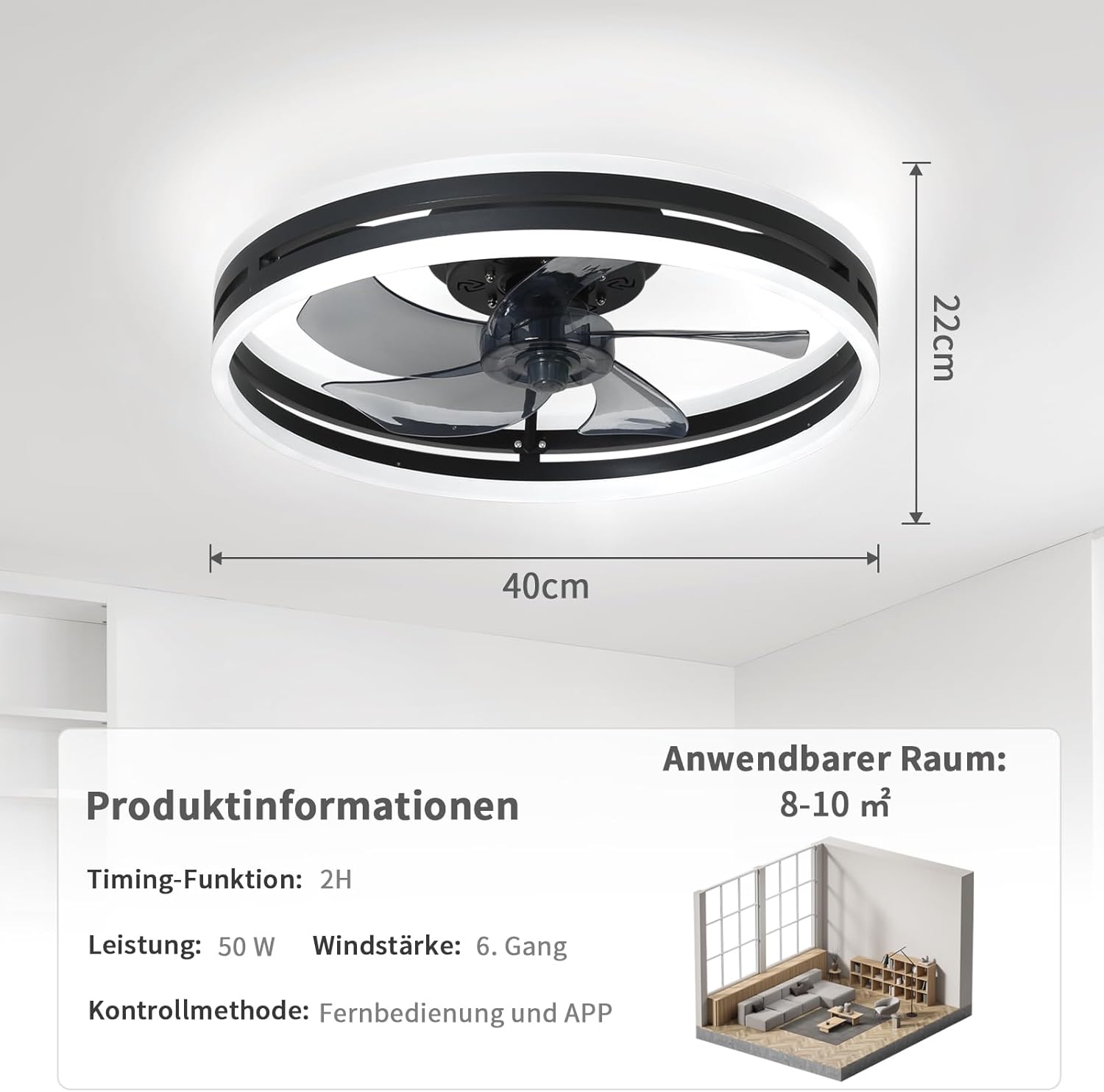 Leise Deckenventilator Mit Beleuchtung 50W Dimmbare Deckenleuchte Mit Fernbedienung Und APP 6 Geschwindigkeiten Lampe Mit Ventilator Timer Schlafzimmer Wohnzimmer Licht Schwarz,40cm
