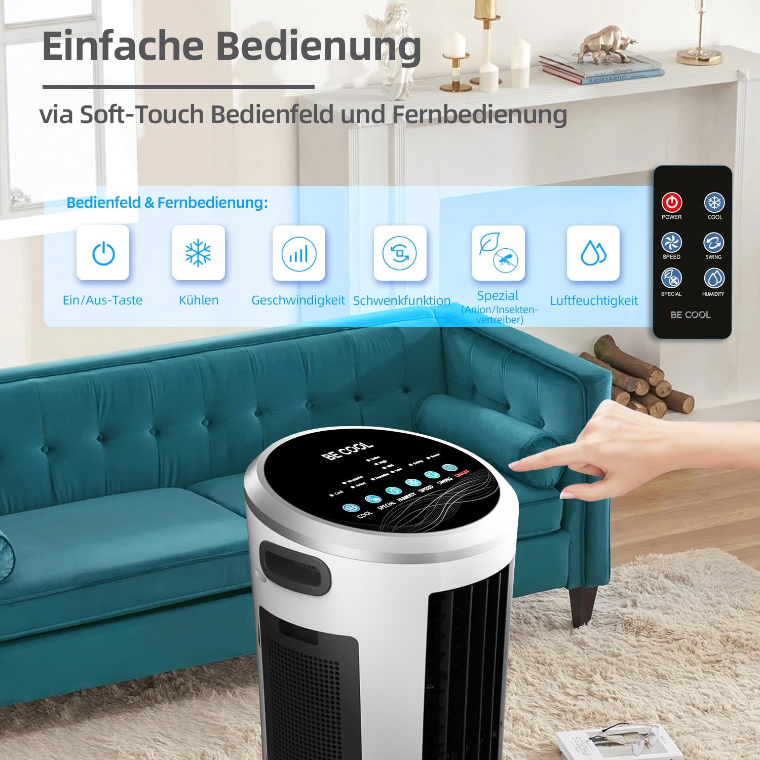 BE COOL 5in1 Luftkühler mit Wasserkühlung - Verdunstungskühler, Ventilator, Luftbefeuchter, Luftwäscher, Mückenabwehr - 110 Watt, 18L Wassertank, Luftumwälzung: 1600m³/h, Fernbedienung, weiß/grau