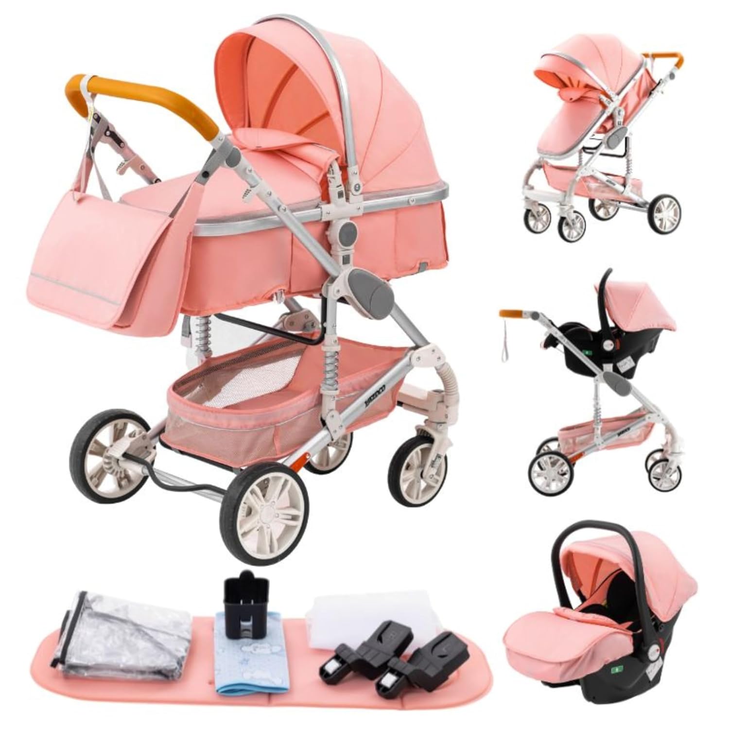 YAZOCO kinderwagen 3 in 1 Buggy Babybett Komplett Set Einem Klick Zusammenklappbarer Kinderwagen, KombiKinderwagen Aluminiumrahmen für Neugeborene Sitzzubehör (1 schwarz)
