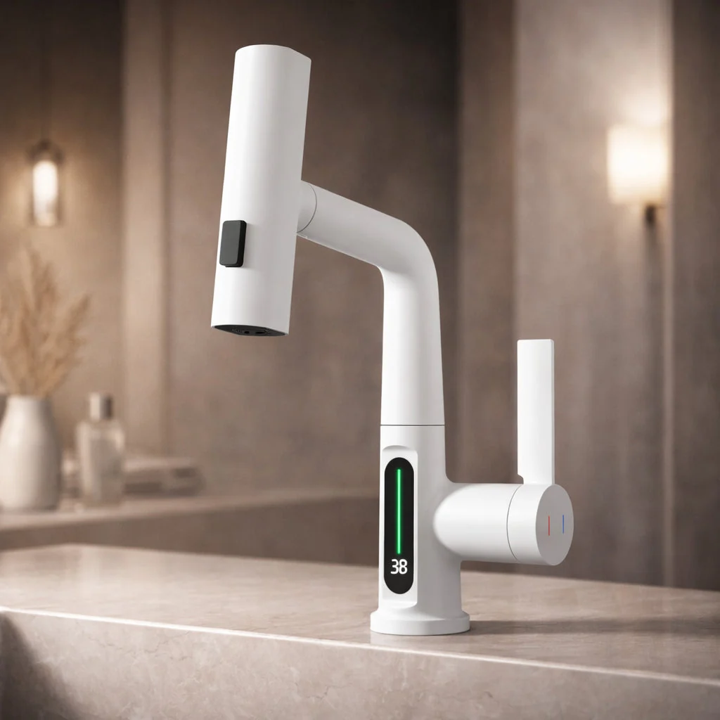 Flexibler Wasserhahn mit LED-Temperaturanzeige und 5 Strahlmodi �C moderne K��chen- und Badarmatur