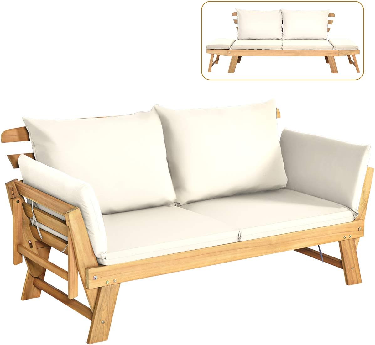 COSTWAY Gartenbank mit Liegefunktion, Gartensofa mit Auflagen und klappbaren Armlehne, Balkonbank aus Akazienholz, Balkonsofa, Gartencouch für Garten, Terrasse, Balkon, 198 x 75 x 75 cm (Beige)