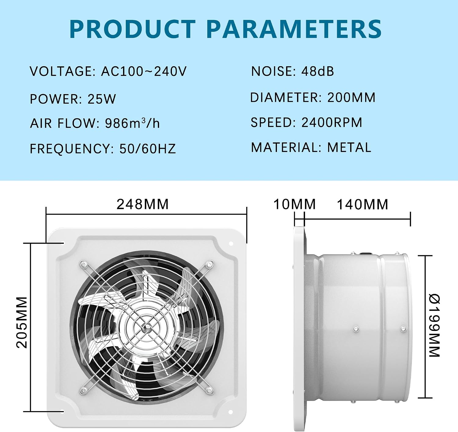 Aygrochy 200mm Regelbar Abluftventilator, DC motor Badlüfter Leiser 986m³/h,Industrielle Wandventilator mit Rücklaufklappe für Gewächshäuser Badezimmer Küche Garage Loft,Weiß.