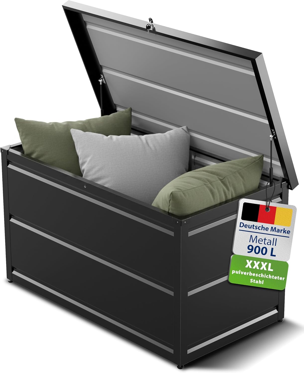 Gartenzeit® Auflagenbox 900L (148×83×82cm) – XXL Gartenbox aus pulverbeschichtem Stahl RAL 7016, wetterfest, wasserdicht & abschließbar, als Sitzbank nutzbar, Outdoor Kissenbox für Polster