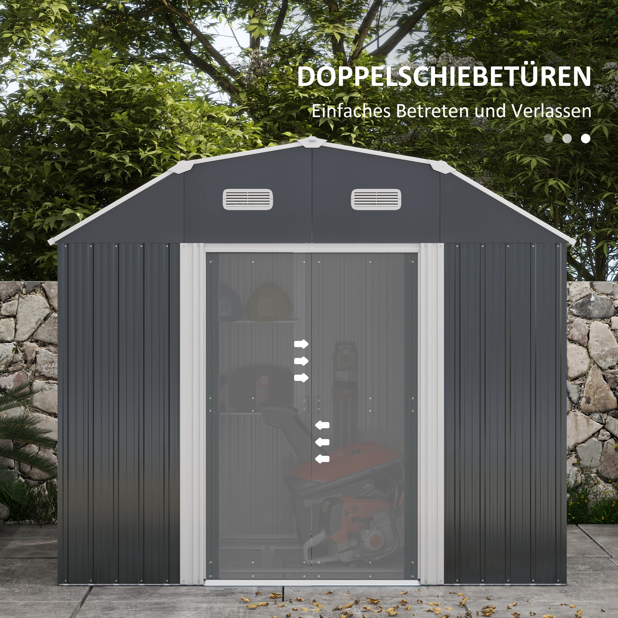 Tuinhuis gereedschapsschuur tuinhuis, weerbestendig, 2 ramen, 2 deuren, 238 x 132 x 198,5 cm, Donkergrijs