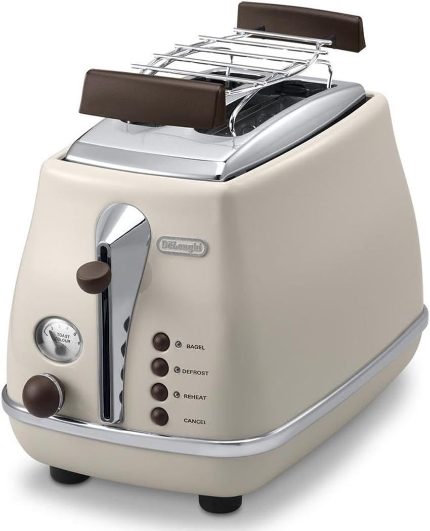 De'Longhi Icona Vintage 2-Slice Toaster with Bun Warmer, 6 Browning Settings, Defrost & Reheat, Retro Beige