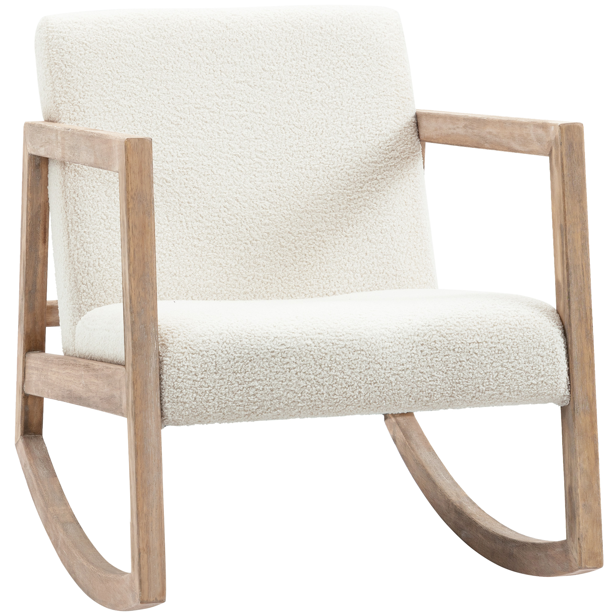 schommelstoel met houten frame, gestoffeerd, relaxstoel, fauteuil, woonkamerstoel, salon met gestoffeerde zitting, rubberhout, cr��me wit, 60 x 81 x 71 cm