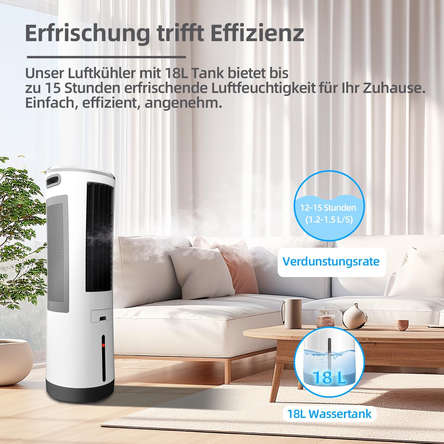 BE COOL 5in1 Luftkühler mit Wasserkühlung - Verdunstungskühler, Ventilator, Luftbefeuchter, Luftwäscher, Mückenabwehr - 110 Watt, 18L Wassertank, Luftumwälzung: 1600m³/h, Fernbedienung, weiß/grau