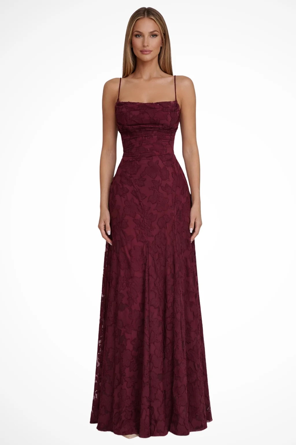 Damen Maxikleid mit Spaghetti-Tr?gern und Blumen-Jacquard | R��ckenfreies Abendkleid mit Schn��rung f��r festliche Anl?sse
