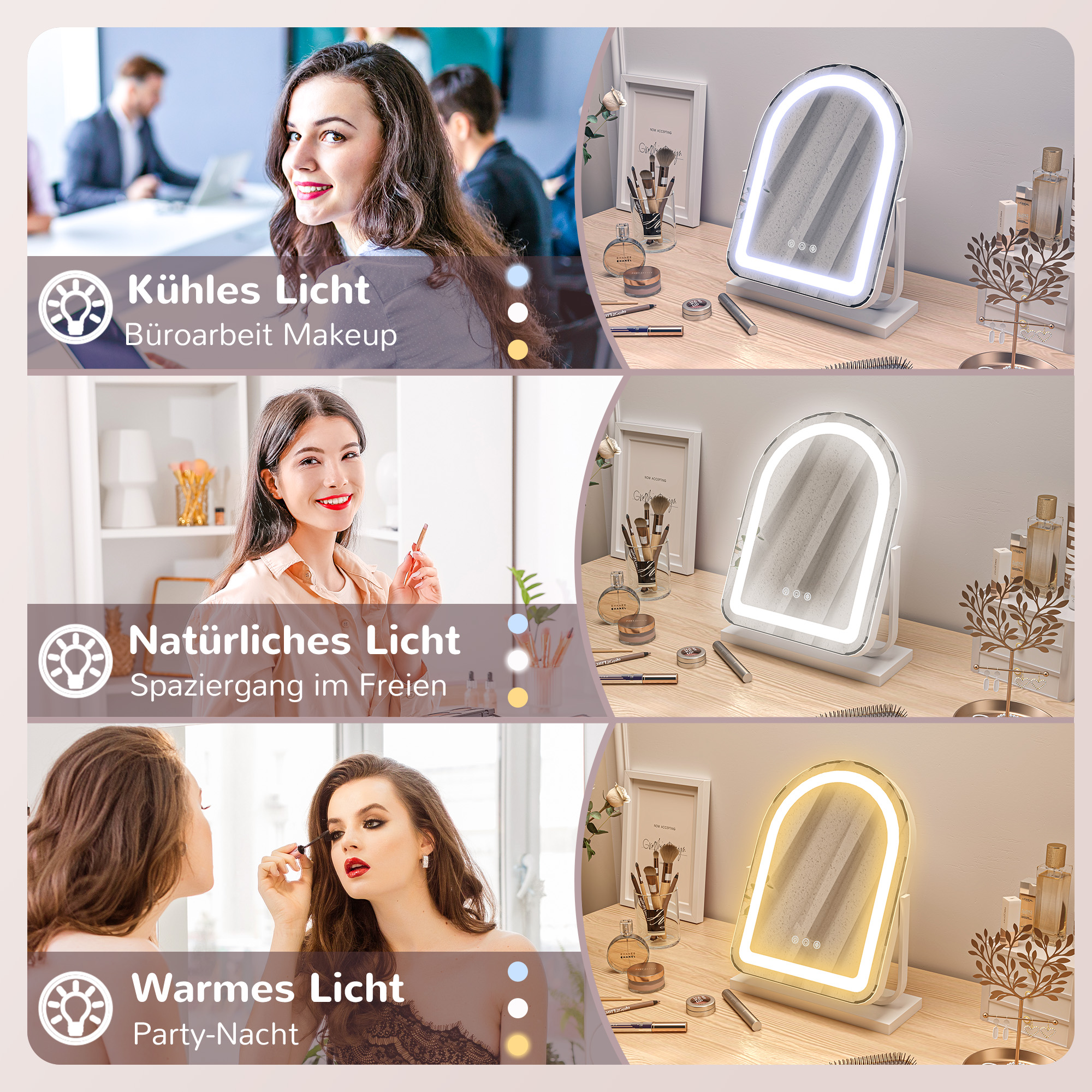 Make-upspiegel met LED-verlichting, 3 lichttemperaturen, draaibaar, touch-bediening, wit