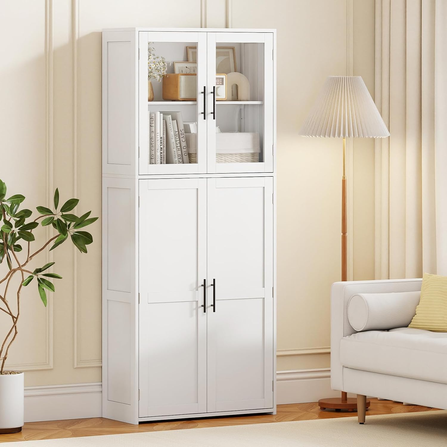 COSTWAY Besenschrank 70cm breit, Mehrzweckschrank Hochschrank mit 2 Haken & Glastüren, Vorratsschrank Holz, Haushaltsschrank Putzschrank für Mops & Staubsauger, 70 x 30 x 168 cm, weiß