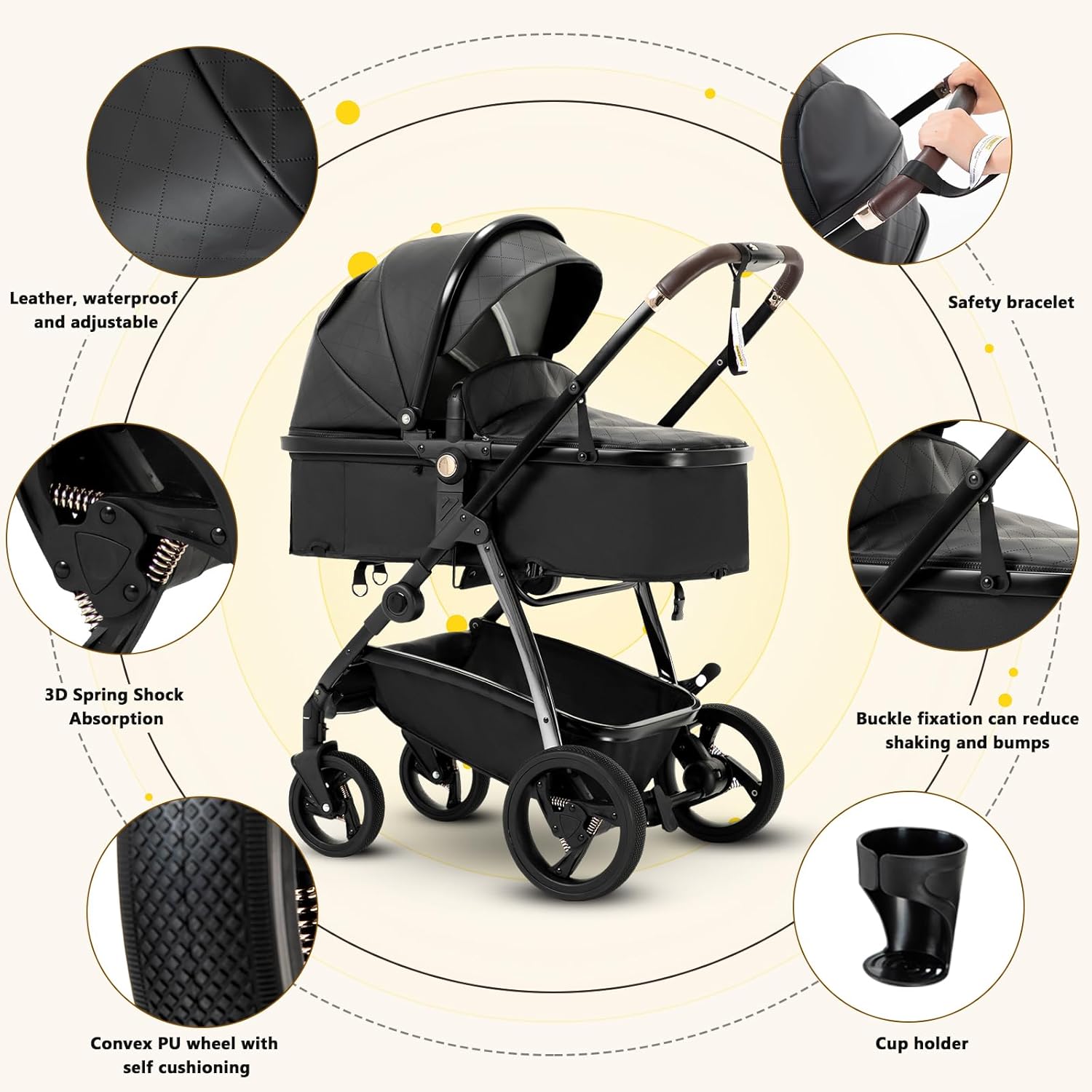 Gcarebb 3 in 1 Kinderwagen, Buggy Mit Auto Babyschale, Mit Höhenverstellbarer Kinderwagen Komplettset, KombiKinderwagen Mit Aluminiumrahmen für Neugeborene 0-4 Jahre