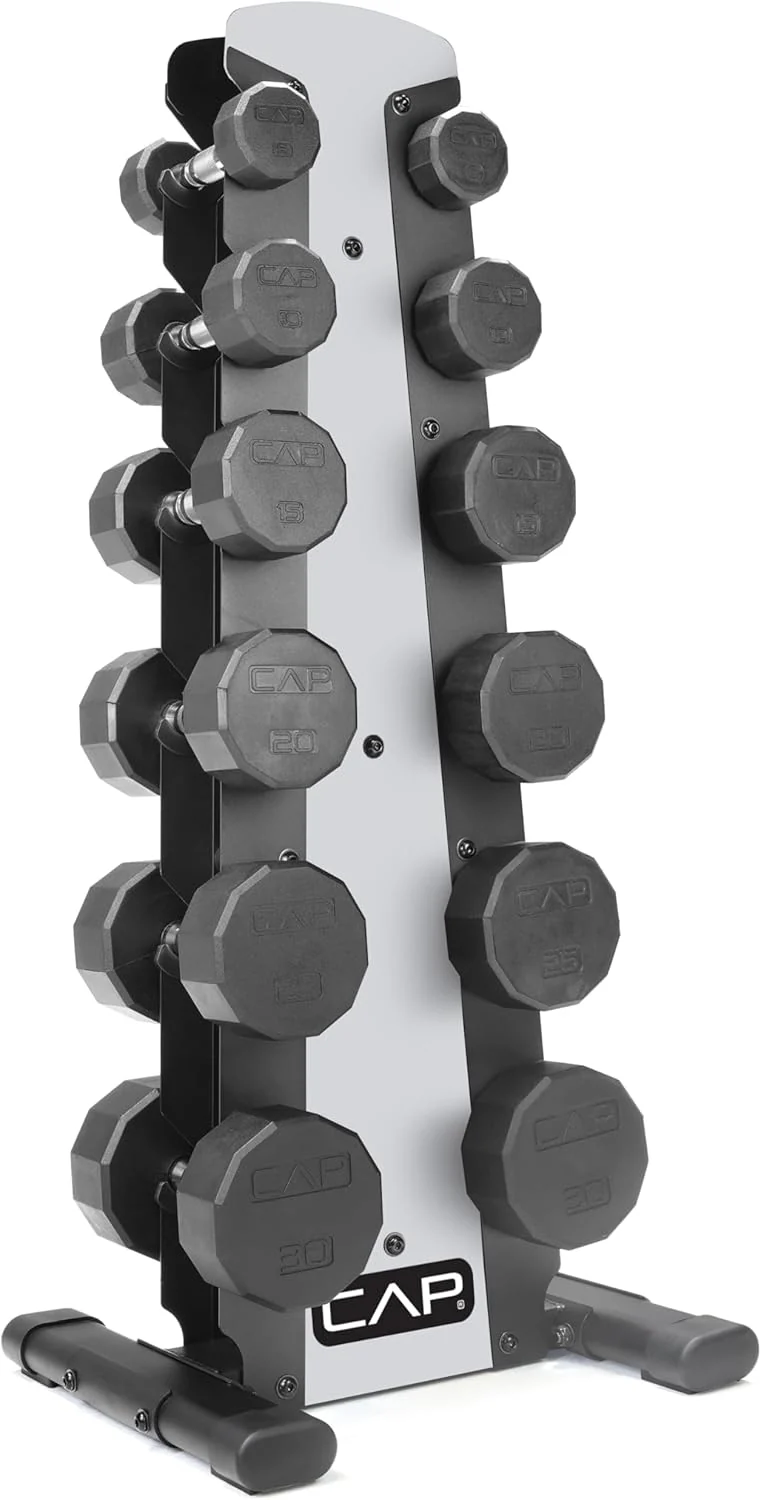 CAP Barbell Rubber Coated Dumbbell Weight Set with Vertical Rack | 100 lb, 150 lb, and 210 lb Options