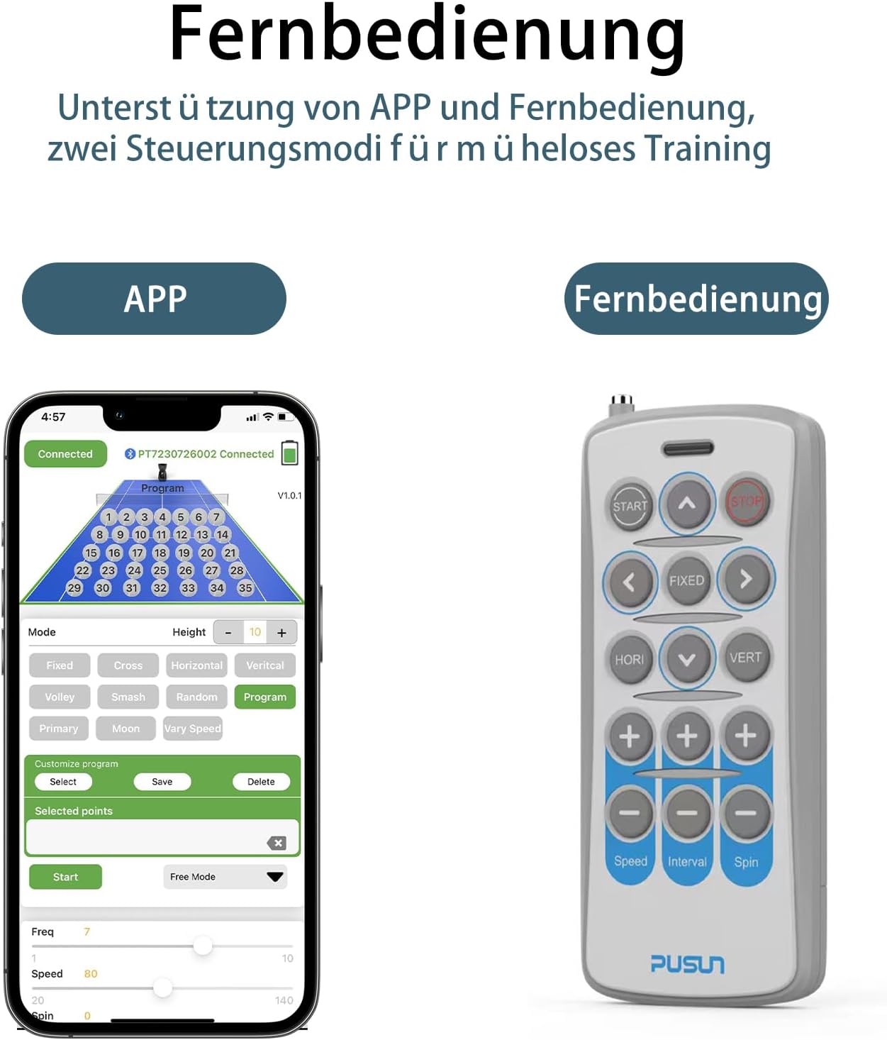 PT-9001Pro Tennisballmaschine - Profi Ballwerfer mit APP-Steuerung (App für Watch), 35 Landepunkte & Variable Geschwindigkeit, mobiler Ballwerfer (7-10 Std. Akkulaufzeit)