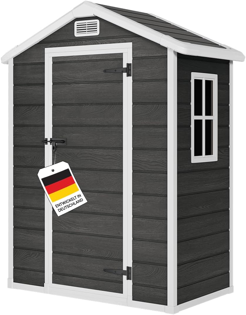 STEELSØN Novara Gerätehaus – Gartenschuppen mit Satteldach & Fenster – Gartenhaus 202x103x134 cm (HxTxB) – Geräteschuppen aus Kunststoff in Dunkelgrau – Gartenhütte wetterfest & rostfrei – Schuppen