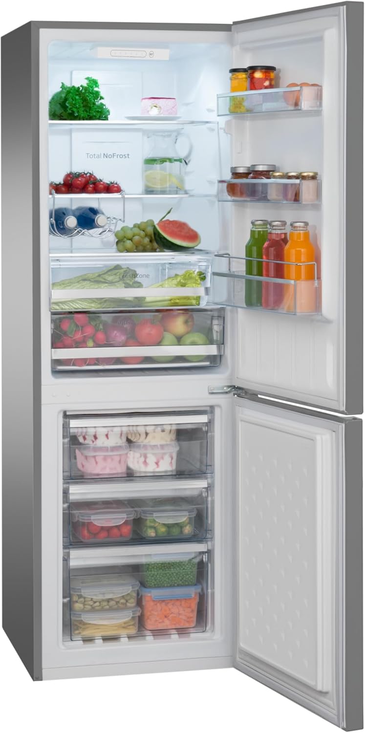 Amica Kühl‑Gefrierkombination freistehend 231 l Total NoFrost FreshZone VitControlPlus Superkühlfunktion 170 x 54 x 57,6 cm – Kuehlschrank Freistehend Edelstahloptik