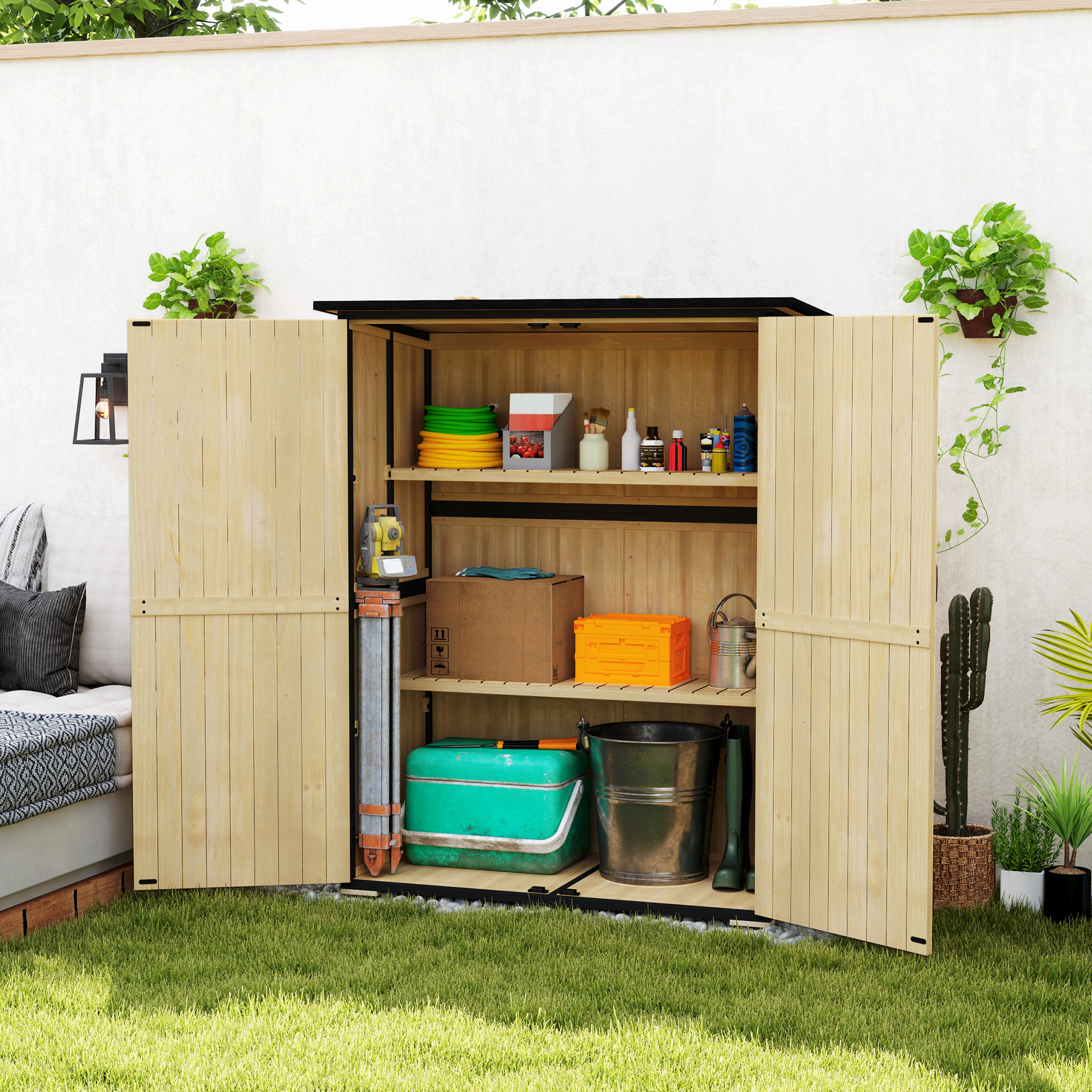 Outsunny Houten en Stalen Tuinkast, Buiten Gereedschapskast met Asfaltdak, 2 Planken, Afsluitbare Deuren, Natuurhout