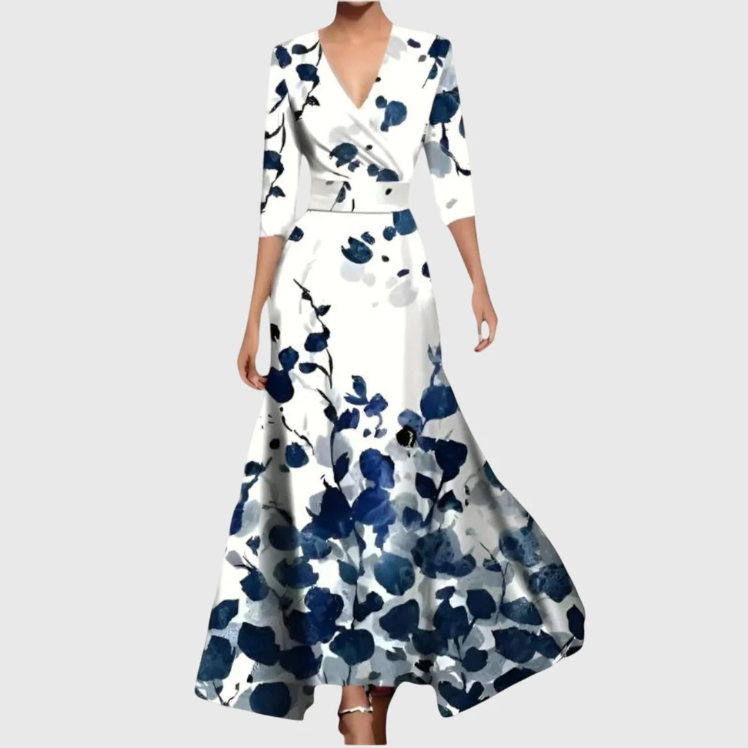Maxikleid Damen mit V-Ausschnitt und Blumenmuster | Elegantes Wickelkleid mit kurzen ?rmeln f��r festliche Anl?sse und Sommer