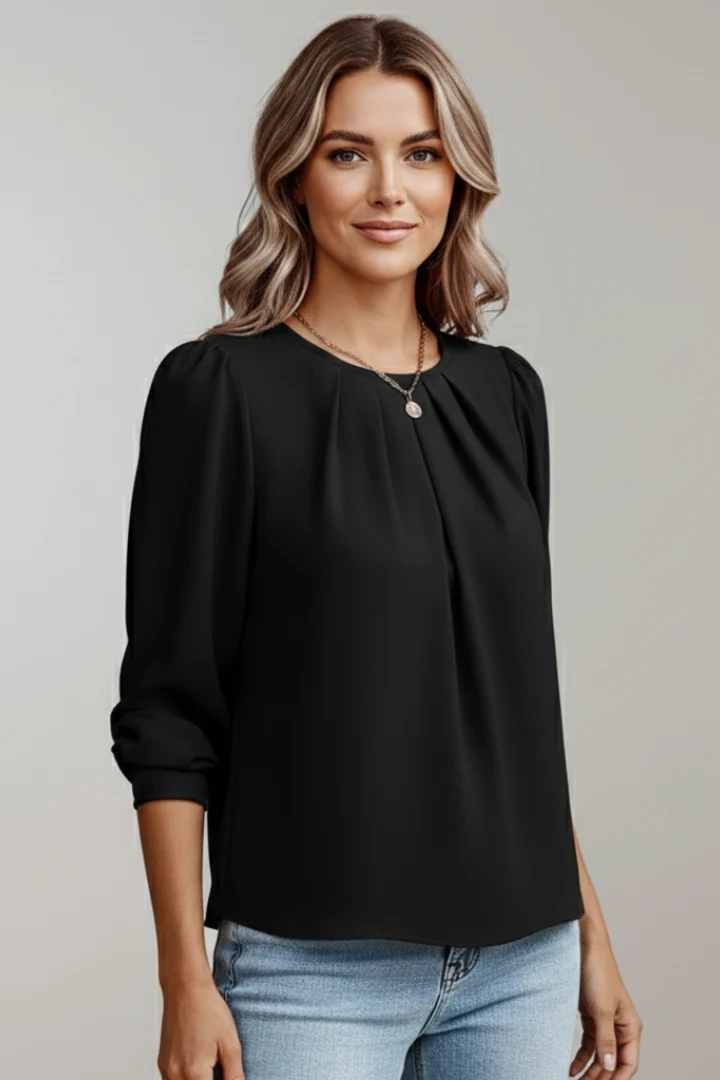 Damenbluse mit Rundhals und modischen Puff?rmeln | Langarm Schlupfbluse mit Plissee-Detail | Vielseitige Business Bluse