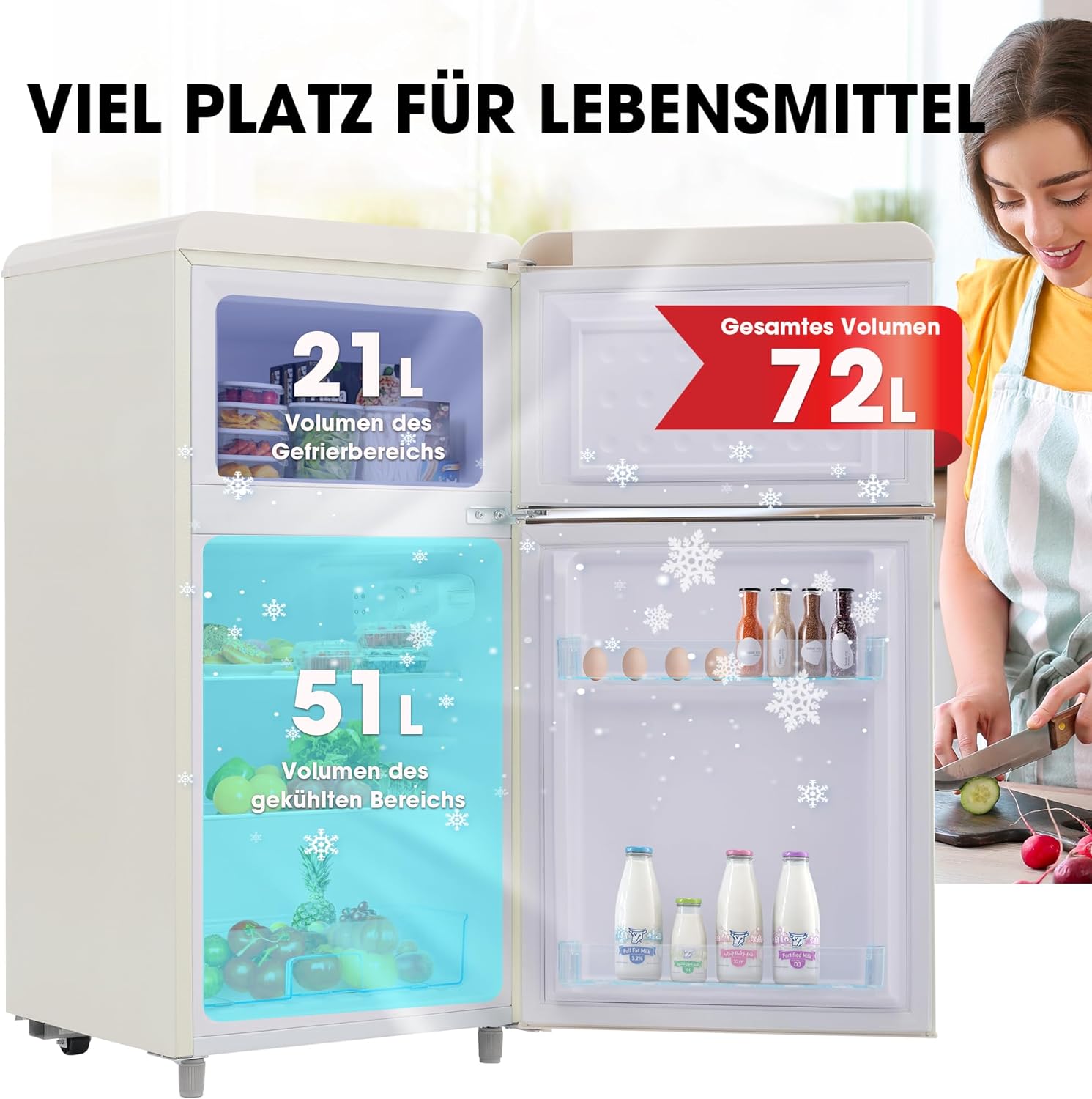 Merax Retro Kühlschrank, Doppeltür, 72L Gesamtvolumen, 21L Gefrierfach, Energieklasse E, 120 kWh/Jahr, LED-Beleuchtung, 3 verstellbare Einlegeböden Weiß