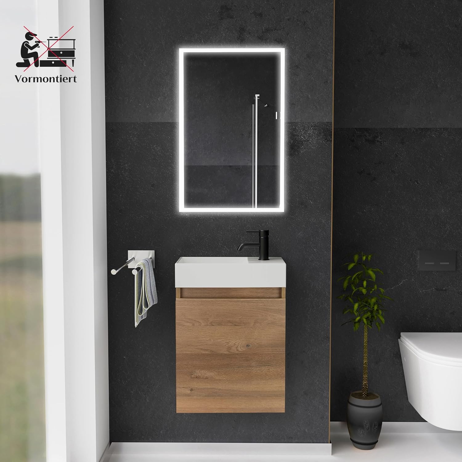 Alpenberger Waschbecken mit Unterschrank 45 cm | Badezimmermöbel Set | Kleines Waschbecken Gäste WC | Waschtisch Set | Unterschrank Bad Waschbeckenunterschrank Bamboo