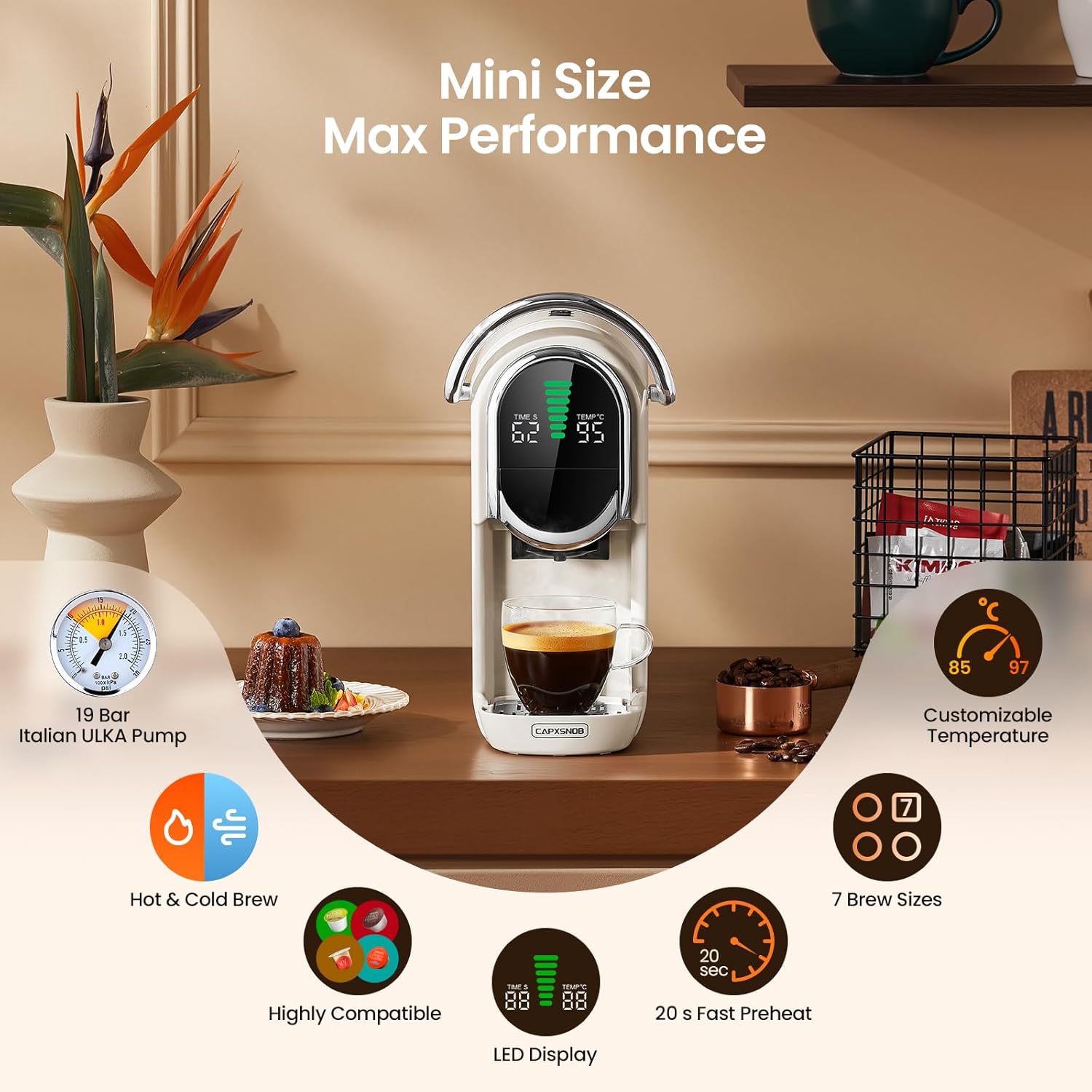 Magician1 Mini Pod Kaffeemaschinen 5 in 1 für Nespresso Original OL, Dolce Gusto, Lavazza A Modo Mio Kapsel, ESE 44 mm Pads und Espresso gemahlener Kaffee, 20 Bar, 1450 W, Heiß/Kaltgebrüht für Zuhause