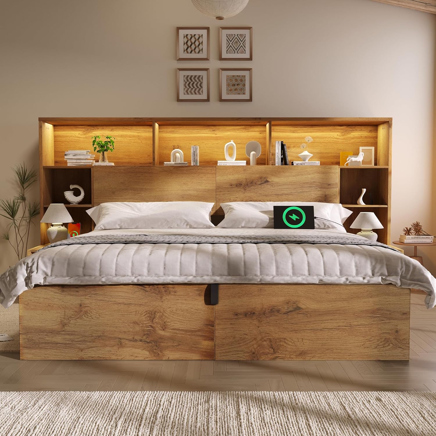 ANIROY Doppelbett Holzbett 180x200cm, Hydraulisches Stauraumbett mit Kopfteil, Stauraum-Kopfteil mit LED & USB-C-Anschluss, Systembett Bettgestell mit Lattenrost, ohne Matratze, Eiche