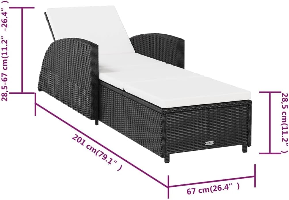 vidaXL Sonnenliege mit Cremeweißer Auflage Gartenliege Liege Rattanmöbel Gartenmöbel Relaxliege Saunaliege Liege Liegestuhl Poly Rattan Schwarz