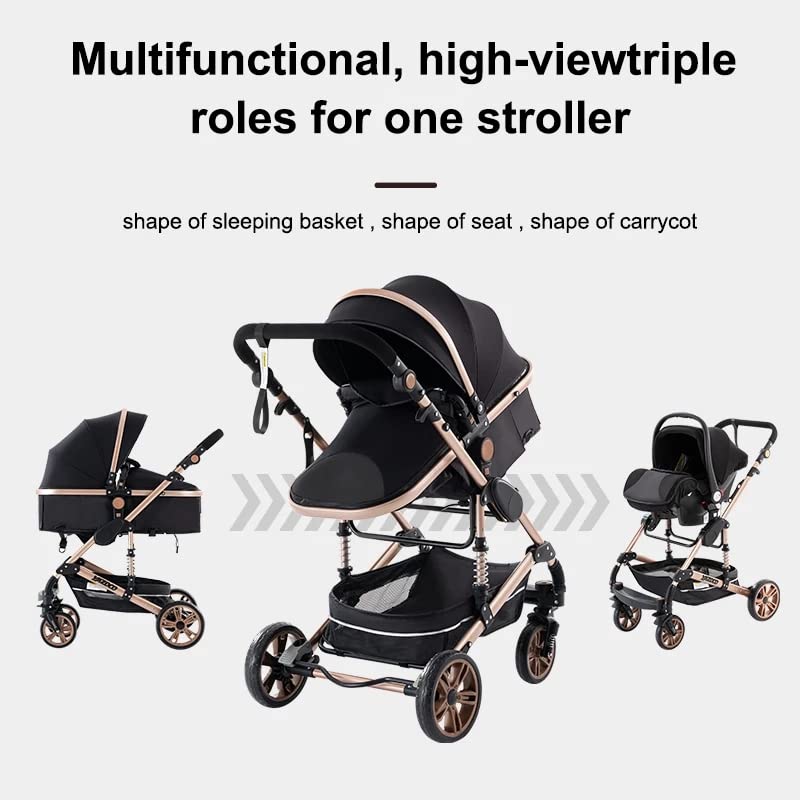 YAZOCO kinderwagen 3 in 1 Buggy Babybett Komplett Set Einem Klick Zusammenklappbarer Kinderwagen, KombiKinderwagen Aluminiumrahmen für Neugeborene Sitzzubehör (1 schwarz)