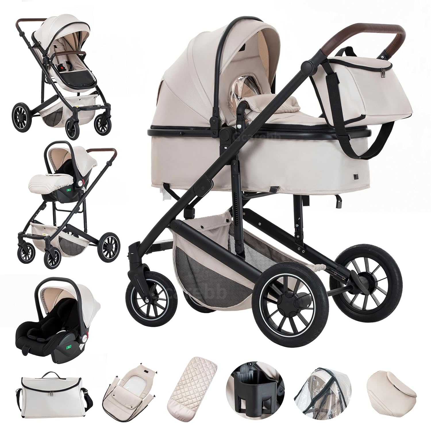 Gcarebb 3 in 1 Kinderwagen, Buggy Mit Auto Babyschale, Mit Höhenverstellbarer Kinderwagen Komplettset, KombiKinderwagen Mit Aluminiumrahmen für Neugeborene 0-4 Jahre