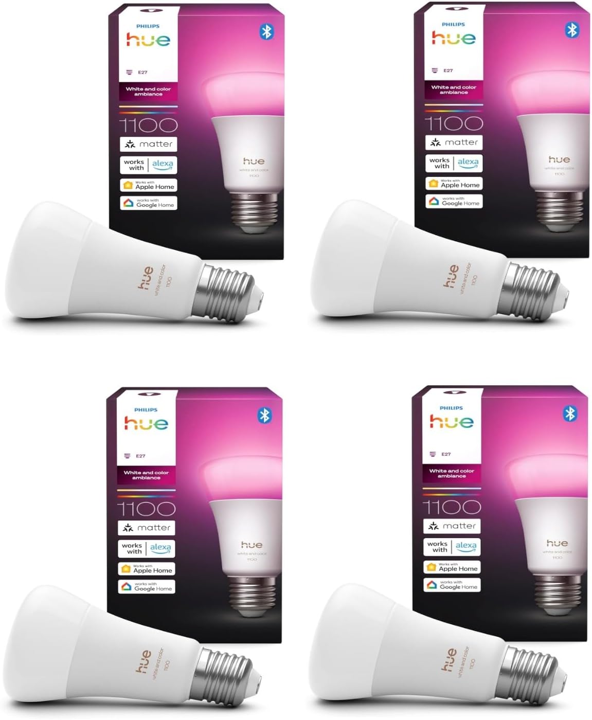 Hue Bundle – 4 x weiße und farbige Ambiance 1100 A60 E27 Smart-Leuchtmittel, dimmbare LED, 16 M Farben, App- und Sprachsteuerung, funktioniert mit Alexa, Google Home und HomeKit