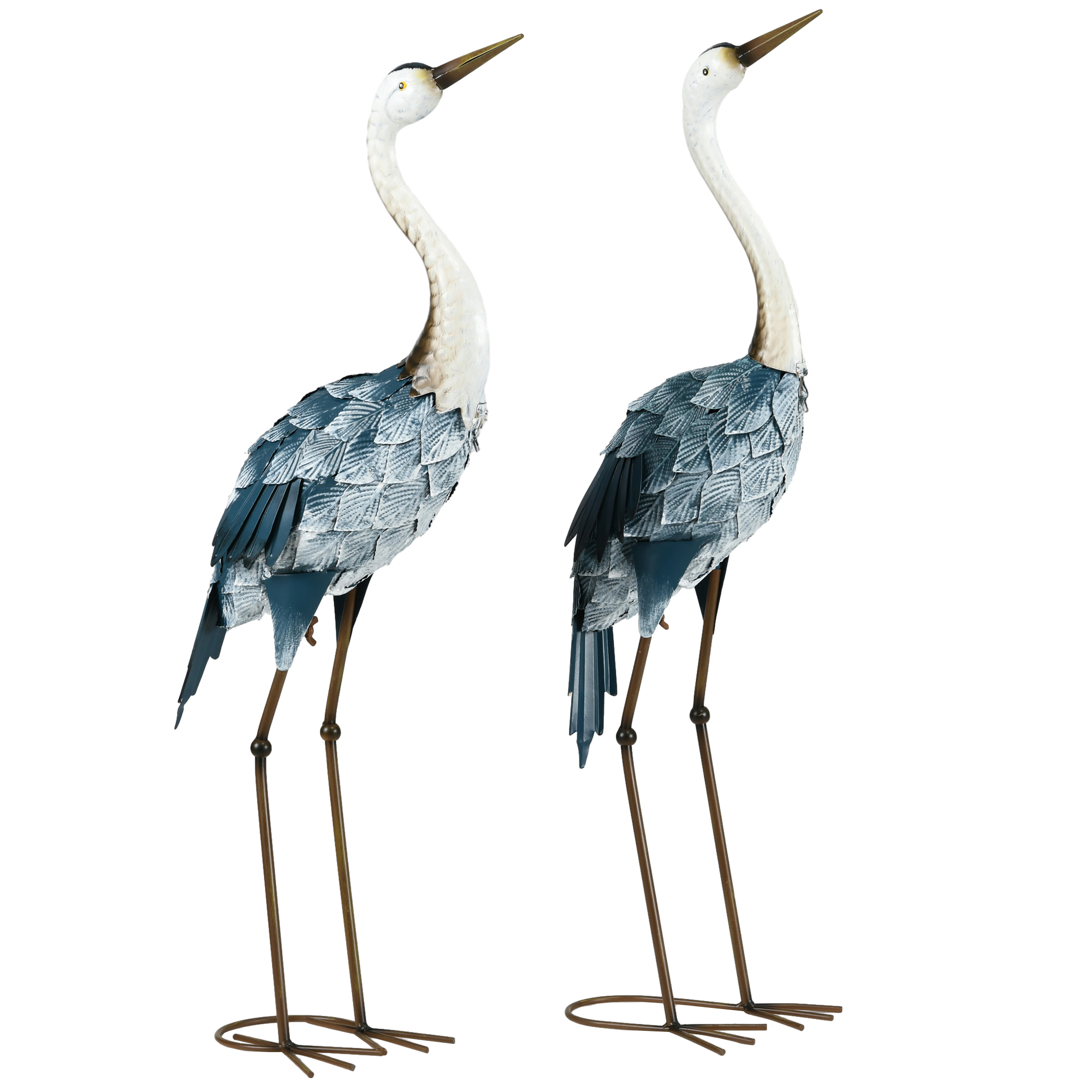 Outsunny Tuinbeeld Kraanvogels, 2-delige Set, roestvrij, weerbestendig, kleurvast, Staal, 26 x 15 x 74 cm, Blauw/Wit/Grijs