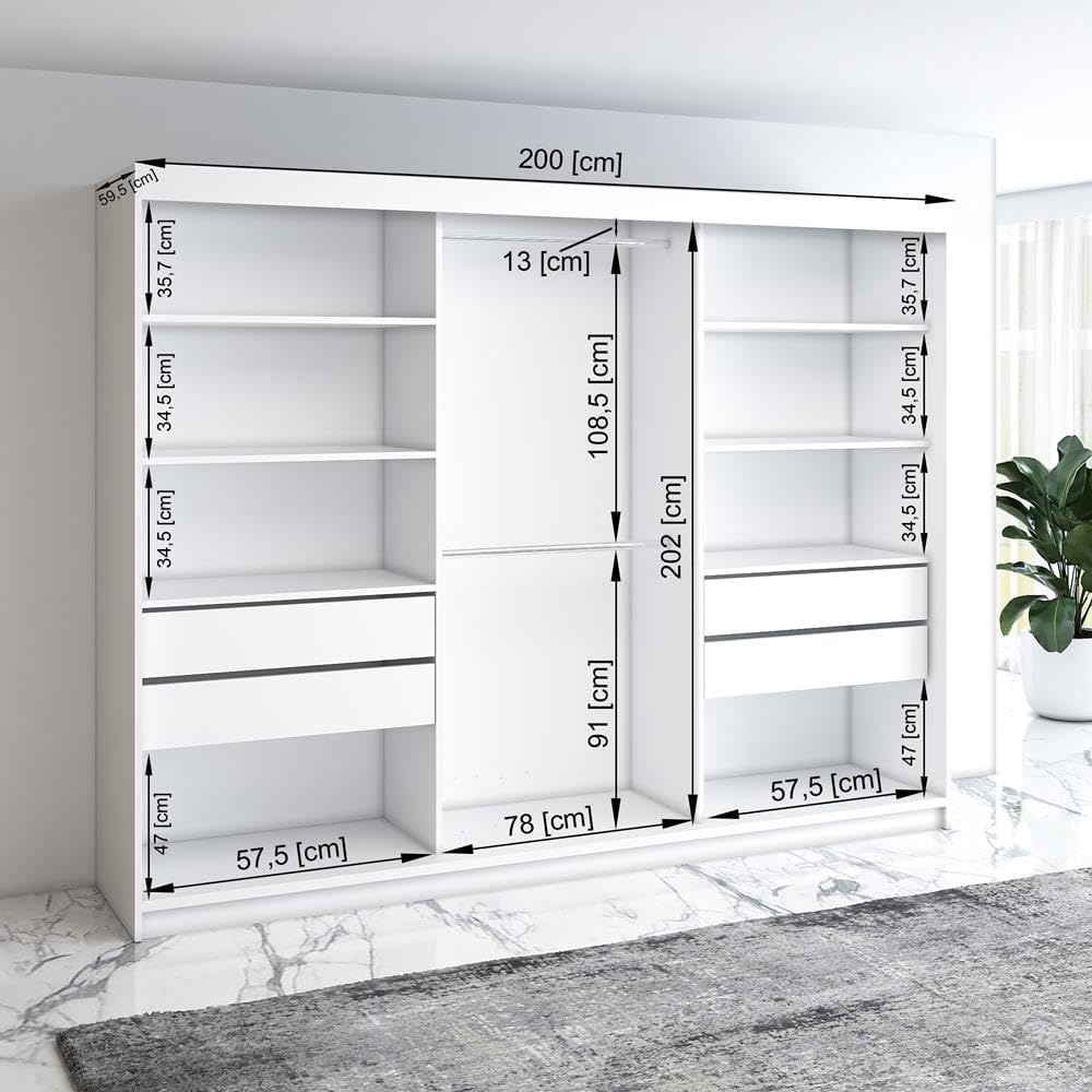 A&J MöbelLand Schwebetürenschrank VILUNO 4 Kleiderschrank 3-türig 200 cm mit Spiegel, 4 Schubladen & 2 Kleiderstangen, Geräumiger Schlafzimmerschrank (Sonoma/schwarz)